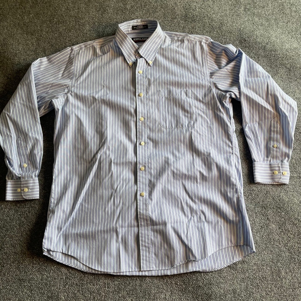 Kirkland Signature Mens Non-Iron Striped Dress Shirt Blue White 16.5 34 Cotton